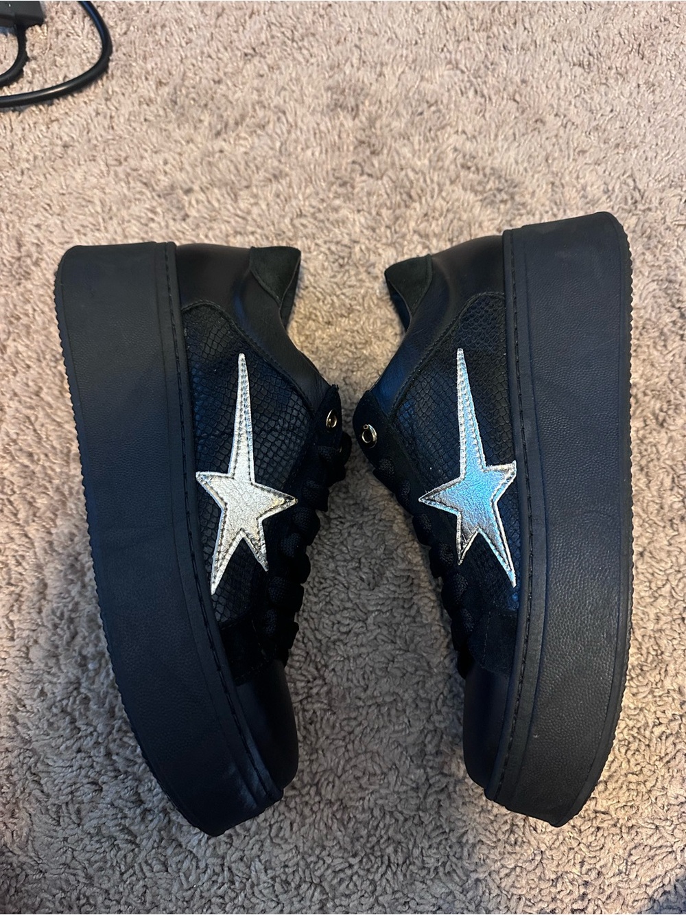 Joccia Italian Leather Star Platform Sneakers Black Silver Size 39
